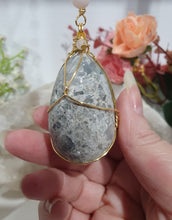 Load image into Gallery viewer, "ORACLE EGG" Celestite Crystal Stone Gold Wired Crystal Energy Enhancer© Hanger Ornament Suncatcher 200mm | Divine Connection, Harmony &amp; Intuition
