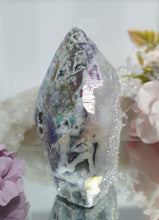 Load image into Gallery viewer, Titanium Aura Sphalerite Flame Tower Druzy Crystal Cluster

PROMOTES PSYCHIC DEVELOPMENT AND UPLIFTS

Titanium Aura Sphalerite Crystal Flame Crystal Cluster.  The Druzy is lovely on the flame!. 
