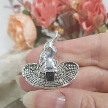 Load image into Gallery viewer, BROOCH WITCHES HAT silver metal 30mm CUTE FUN faux stone
