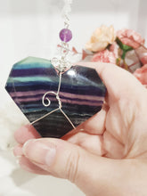 Load image into Gallery viewer, THE HEART OF CLARITY - INSIGHT / LOVE / CLARITY - Fluorite Heart Silver Wired Stone Crystal Energy Enhancer© / Hanger / Ornament / Sun catcher 200mm EE63
