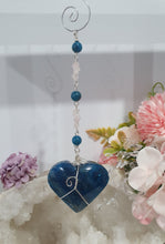 Load image into Gallery viewer, HEART OF POSSIBILITY" Handcrafted Apatite Heart Crystal Carving Silver Crystal Energy Enhancer© / Hanger / Ornament / Suncatcher 

MANIFEST | LOVE | HARMONY

Gorgeous Apatite heart crystal carving beaded with Apatite, Rose Quartz &amp; Quartz.  Wire wrapped in silver
 
