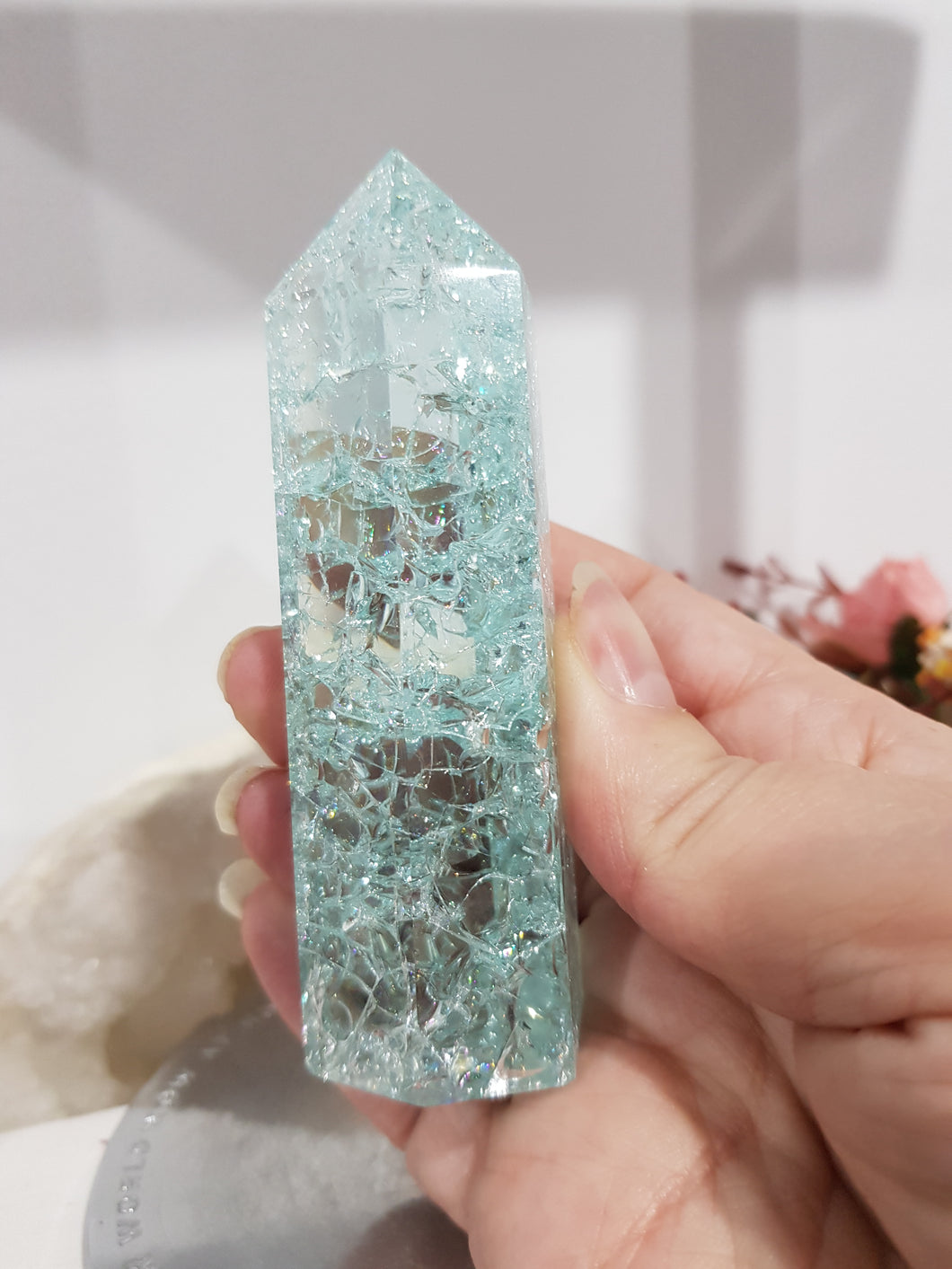 Crackle Quartz AQUA Crystal Tower Stone 100mm 1