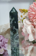 Load image into Gallery viewer, Moss Agate Crystal Tower Point Stone

INSPIRES GROUNDING AND CONNECTION TO EARTH

Lovely Moss Agate Crystal Point Tower. 
