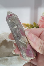 Load image into Gallery viewer, Pink Tourmaline in Quartz Crystal Point Tower Stone.

THIS POINT HAS A BROKEN TIP

STONE OF SELF LOVE &amp; COMPASSION

Lovely Pink Tourmaline in Quartz point tower. Lovely pockets of Pink Tourmaline. 
