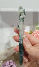 Load image into Gallery viewer, SECONDS STOCK polished Moss Agate Athame (Dagger) Crystal Carving Stone.

PROMOTES GROUNDING AND CONNECTION TO EARTH  

An Athame is a ceremonial knife used in spiritual rituals to direct energy, cast circles, and represent the element of fire or air, but it is typically not used for physical cutting.

dagger / Athame Moss Agate crystal carving. discounted as has lots of imperfection. 
