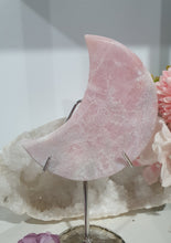 Load image into Gallery viewer, Pink Opal Moon Crystal Carving Stone on Silver Stand 

Inspires Compassion and Nurturing

Beautiful Pink Opal Moon Crystal Carving on silver stand     

