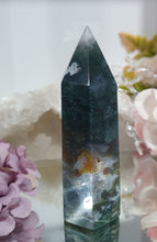 Load image into Gallery viewer, Moss Agate Crystal Tower Point Stone

INSPIRES GROUNDING AND CONNECTION TO EARTH

Lovely Moss Agate Crystal Point Tower. 
