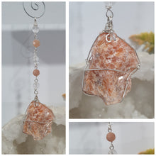 Load image into Gallery viewer, EMPOWERED BY THE SUN" Handcrafted Sunstone Raw Crystal Carving Silver Crystal Energy Enhancer© Hanger Ornament Suncatcher 

Inspires EMPOWERMENT | JOY | COURAGE

Lovely Sunstone rough crystal stone beaded with Sunstone and Quartz.  Wire wrapped in silver

