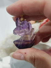 Load image into Gallery viewer, CLARITY / CONCENTRATION / DECISION MAKING - Fluorite Crystal Unicorn Gold Wired Energy Enhancer / Hanger / Sun Catcher 175mm EE39  UNICORN FACE A LITTLE SCUFFED
