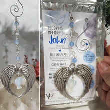 Load image into Gallery viewer, MEMORIAL KEEPSAKE Angel Wings BLUE JADE Crystal Energy Enhancer© / Ornament / Sun Catcher / Memorial Hanger 195mm
