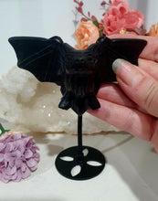 Load image into Gallery viewer, Beautiful polished Black Obsidian BAT Crystal Carving Stone on stand. Promotes protection and balance
