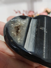 Load image into Gallery viewer, Heart Black Agate Crystal Carving on Stand Stone 70mm 6 druzy inclusions
