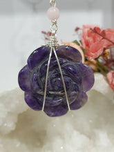 Load image into Gallery viewer, INTUITIVE ROSE - INTUITION | LOVE | MAGIC - Amethyst Rose Carving silver Crystal Energy Enhancer© / Hanger / Ornament / Sun Catcher 200mm
