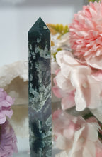 Load image into Gallery viewer, Moss Agate Crystal Tower Point Stone

INSPIRES GROUNDING AND CONNECTION TO EARTH

Lovely Moss Agate Crystal Point Tower. 
