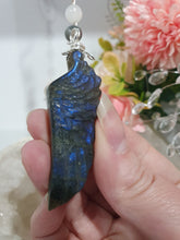Load image into Gallery viewer, THE FEATHER OF AN ANGEL - Labradorite Feather Stone Silver Wired Crystal Energy Enhancer© / Hanger / Ornament / Sun Catcher

ANGELIC CONNECTION | STRENGTH | INTUITION

Gorgeous Labradorite feather stone crystal carving beaded with Labradorite and Moonstone. Wired in Silver
