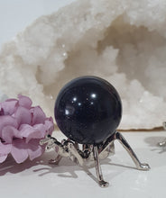 Load image into Gallery viewer, Beautiful Blue Sandstone Sphere Crystal Carving on Silver Stand in the shape of an ant. This is so lovely and sparkly.

