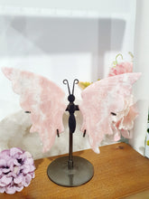Load image into Gallery viewer, Pink Opal Butterfly Wings Crystal Carving Stone on Stand.

Inspires Compassion and Nurturing
