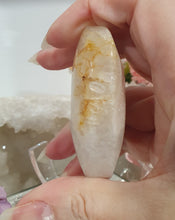 Load image into Gallery viewer, Pink Amethyst / Flower Agate Crystal Palm Stone palmstone on stand.

Inspires ENCOURAGEMENT &amp; SELF DISCOVERY

Pink Amethyst / Flower Agate Crystal Palm stone on plastic stand. So lovely.  
