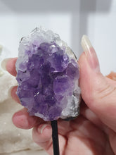 Load image into Gallery viewer, Gorgeous Amethyst Crystal Cluster Stone On stand. So sparkly and great display piece. 
