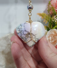 Load image into Gallery viewer, "HEART OF A UNICORN" Aura Howlite Heart gold Crystal Energy Enhancer© Hanger Ornament Suncatcher 190mm | Inspires Nurturing, Love and Magick
