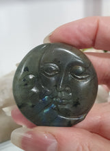 Load image into Gallery viewer, Moon Labradorite Crystal Carving

Inspires Transformation and Inner Strength

Labradorite Moon with orange flash Crystal Carving. 
