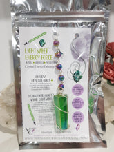 Load image into Gallery viewer, LIGHTSABER ENERGY FORCE - INTENT / GROUNDS / PROTECTION - Titanium Aura Quartz Point Silver wired Stone Crystal Silver Energy Enhancer© / Hanger / Ornament / Sun catcher 180mm
