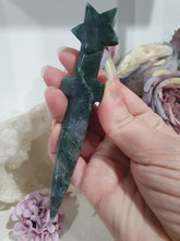 Load image into Gallery viewer, Beautiful Polished Moss Agate Athame (Dagger) Crystal Carving. Inspires Grounding and connection
