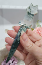 Load image into Gallery viewer, SECONDS STOCK polished Moss Agate Athame (Dagger) Crystal Carving Stone.

PROMOTES GROUNDING AND CONNECTION TO EARTH  

An Athame is a ceremonial knife used in spiritual rituals to direct energy, cast circles, and represent the element of fire or air, but it is typically not used for physical cutting.

dagger / Athame Moss Agate crystal carving. discounted as has lots of imperfection. 
