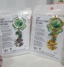 Load image into Gallery viewer, LUCKY FOUR LEAF CLOVER BLESSINGS" Metal Clover with Aventurine Beads Crystal Keyring 

Choose from Gold of Silver medal colour.

INSPIRES ABUNDANCE AND GOOD FORTUNE
