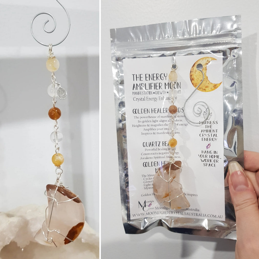 THE ENERGY AMPLIFIER MOON- Golden Healer Moon Stone Crystal Energy Enhancer© / Hanger / Ornament / Sun Catcher 190mm EE42