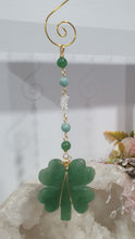 Load image into Gallery viewer, LUCKY FOUR-LEAF CLOVER BLESSINGS" Handcrafted Aventurine Crystal Carving Gold Stone Crystal Energy Enhancer© / Hanger / Ornament / Suncatcher 

Promotes GOOD FORTUNE | HOPE | MAGIC | PROTECTION

A four-leaf clover Symbolises good luck and abundance. It is believed if you hold a four-leaf clover you will gain the ability to see fairies and leprechauns and find their treasures. 

Beautiful Aventurine four-leaf clover crystal carving beaded with Amazonite, Aventurine and Quartz. Wire wrapped in Gold. 
