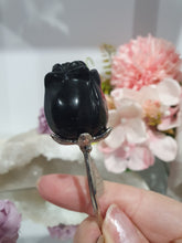 Load image into Gallery viewer, Lovely Rose Flower Black Obsidian Crystal Carving with silver stem.
Promotes Protection and Balance
