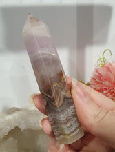 Load image into Gallery viewer, SECONDS STOCK - Amethyst Agate Crystal Point Tower Stone

THIS POINT IS A TAD WOBBLY

INSPIRES INTUITION AND WELLBEING

Amethyst Agate Tower Crystal Stone. is a little wobbly.  


