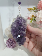 Load image into Gallery viewer, THE SEER AMULET - handcrafted Amethyst Cluster silver Crystal Energy Enhancer© Hanger Ornament Suncatcher

INTUITION / SPIRITUALITY / TRUST

Gorgeous Large Amethyst Cluster beaded with Amethyst, quartz and rose quartz. Wired in Silver
