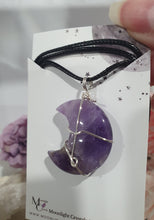 Load image into Gallery viewer, Amethyst Moon Crystal Pendant Wire Wrapped Silver Stone with black cord chain 30mm | Inspires Intuition and Spirituality P65
