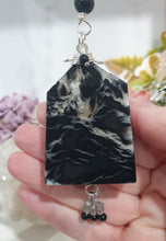 Load image into Gallery viewer, "LIGHT THROUGH DARKNESS" Black Agate Tower Crystal Carving Stone Silver Crystal Energy Enhancer© Gemstone / Hanger / Suncatcher / Ornament 200mm | Inspires Strength, Courage &amp; Clarity

