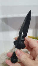 Load image into Gallery viewer, Beautiful polished Black Obsidian Athame (Dagger) Crystal Carving Stone.  

An Athame is a ceremonial knife used in spiritual rituals to direct energy, cast circles, and represent the element of fire or air, but it is typically not used for physical cutting.

