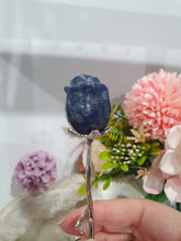 Load image into Gallery viewer, Rose Flower Sodalite Crystal Carving with silver stem.

Promotes Emotional Balance

Sodalite Flower / Rose Crystal Carving with silver stem and leaves.
