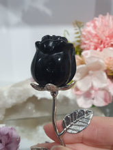 Load image into Gallery viewer, Lovely Rose Flower Black Obsidian Crystal Carving with silver stem.
Promotes Protection and Balance
