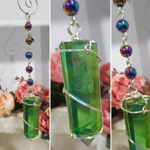 Load image into Gallery viewer, LIGHTSABER ENERGY FORCE - INTENT / GROUNDS / PROTECTION - Titanium Aura Quartz Point Silver wired Stone Crystal Silver Energy Enhancer© / Hanger / Ornament / Sun catcher 180mm
