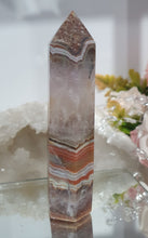 Load image into Gallery viewer, SECONDS STOCK - Amethyst Agate Crystal Point Tower Stone

THIS POINT IS A TAD WOBBLY

INSPIRES INTUITION AND WELLBEING

Amethyst Agate Tower Crystal Stone. is a little wobbly.  


