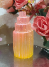 Load image into Gallery viewer, Lovely peach orange coloured (dyed) Selenite tower. Aids in cleansing and grounding. 

