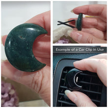 Load image into Gallery viewer, Moon Car Clip Moss Agate Stone Crystal Carving Stone

Inspires Transformation and Grounding

Moon Crystal Car Clip.  Decorative Clip for Car Vent. 
