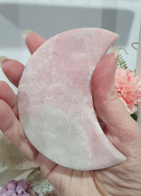 Load image into Gallery viewer, Pink Opal Moon Crystal Carving Stone on Silver Stand 

Inspires Compassion and Nurturing

Beautiful Pink Opal Moon Crystal Carving on silver stand     
