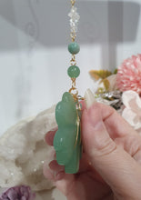Load image into Gallery viewer, "LUCKY FOUR-LEAF CLOVER BLESSINGS" Handcrafted Aventurine Crystal Carving Gold Stone Crystal Energy Enhancer© / Hanger / Ornament / Suncatcher 

Beautiful Aventurine four-leaf clover crystal carving beaded with Amazonite, Aventurine and Quartz. Wire wrapped in Gold. 


