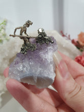 Load image into Gallery viewer, Gorgeous Miner on Amethyst Crystal Cluster Stone with pyrite. Inspires Intuition and spirituality
