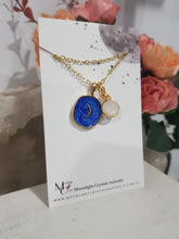 Load image into Gallery viewer, Midnight-Moon-Enamel-Pendant-with-Crystal-Moonstone-Bead-Gold-Necklace- Moonlight-Crystals-Australia

