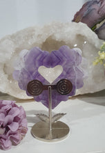 Load image into Gallery viewer, Lovely Amethyst Heart Flower Crystal Carving on silver stand. Gorgeous little statement piece.  Great Crystal Gift Idea. Inspires Intuition and spirituality

