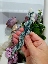 Load image into Gallery viewer, Snake Animal Moss Agate Crystal Carving. Promotes Grounding &amp; Connection to Earth. This is a gorgeous piece.
