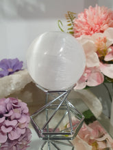 Load image into Gallery viewer, Selenite Sphere Crystal Carving on Silver Stand.| Inspires Connection to the Angelic Realm
